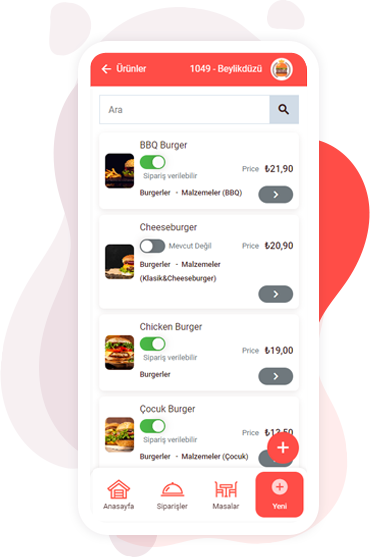 Online Sipariş Mobil Yönetim Paneli Menüsü
