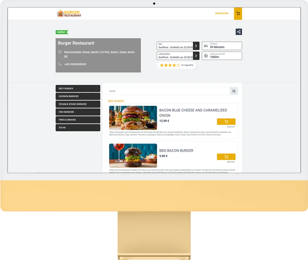 App & Web-Shop Für Burger Restaurant