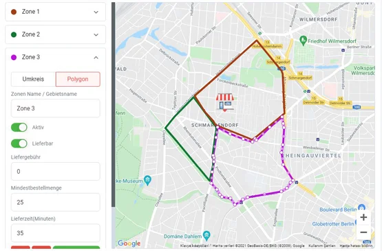 delivery zone settings