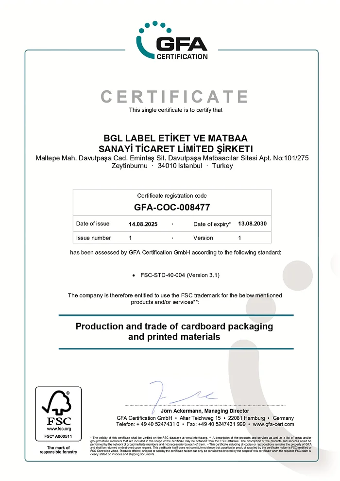 BG LABEL GFA CERTIFICATE
