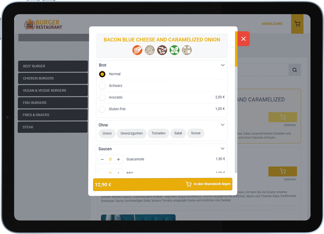 burger restaurant online ordering system tablet